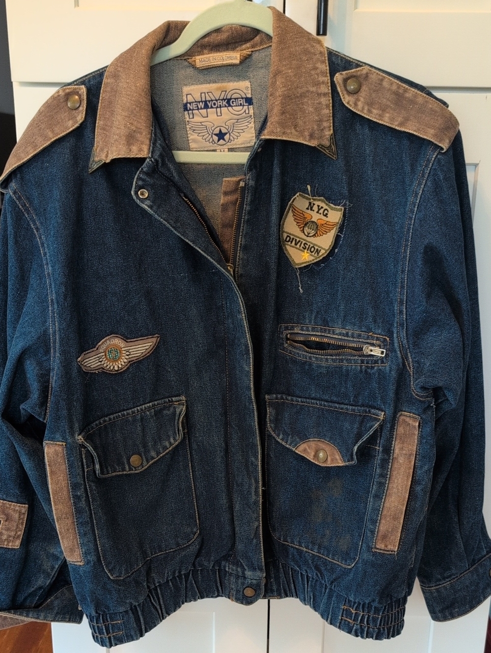 NYG New York Girl Denim Bomber Jacket with Brown Suede Accents-Med Fits Like LG